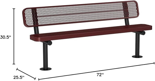 COATEDOUTDOORFURNITURE Coated Outdoor Furniture Heavy-Duty Outdoor Bench Thermoplastic Coated, Expanded Metal, Commercial-Grade Seating, Made in America (Surface with Back, 6 Ft, Red)