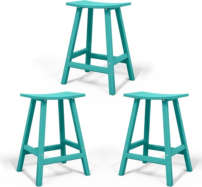 Costaelm All-Weather Bar Stools Set of 3, 24" Height Outdoor Bar Stools, Adirondack Poly Patio Bar Stool for Patio, Deck, Kitchen Counter and Garden, Turquoise