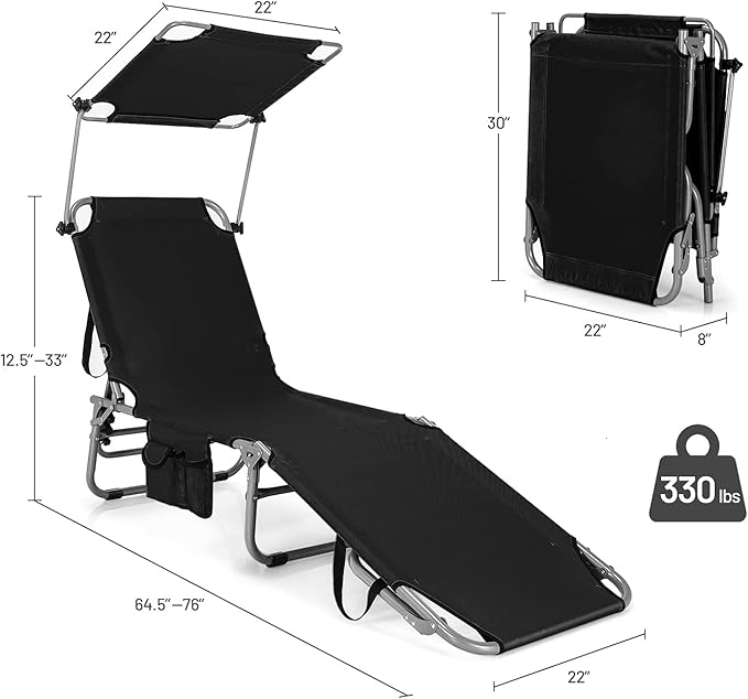 Giantex Outdoor Folding Chaise Lounge, Portable Tanning Chair with 5 Adjustable Positions, 360° Canopy Shade - Photo 3