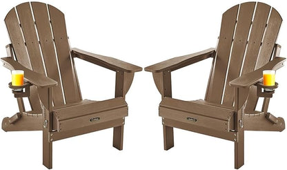 Ciokea Folding Adirondack Chairs Set of 2, Patio Adirondack Chair Weather Resistant, Plastic Fire Pit Chair with Cup Holder, Lawn Chair for Outdoor Porch Garden Backyard Deck, Brown
