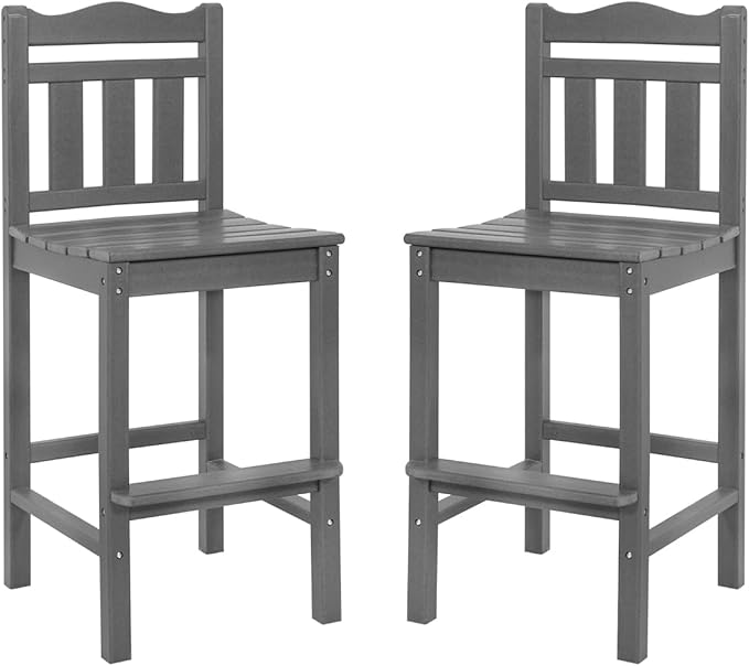 Sundale Outdoor Tall Adirondack Bar Chair Set of 2, HDPE Patio Bar Stools with Backrest, 27.5 Inch Seat Height Tall Bistro Dining Counter Stool, All-Weather Pub Height Chair, Gray