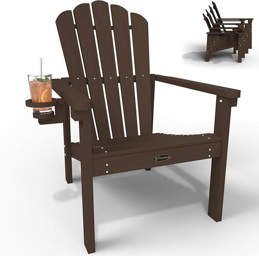 Stackable Adirondack Chair, HDPE All-Weather Adirondack Chairs - Durable and Space Saving, Plastic Outdoor Fire Pit Chairs with Cup Holder,Brown