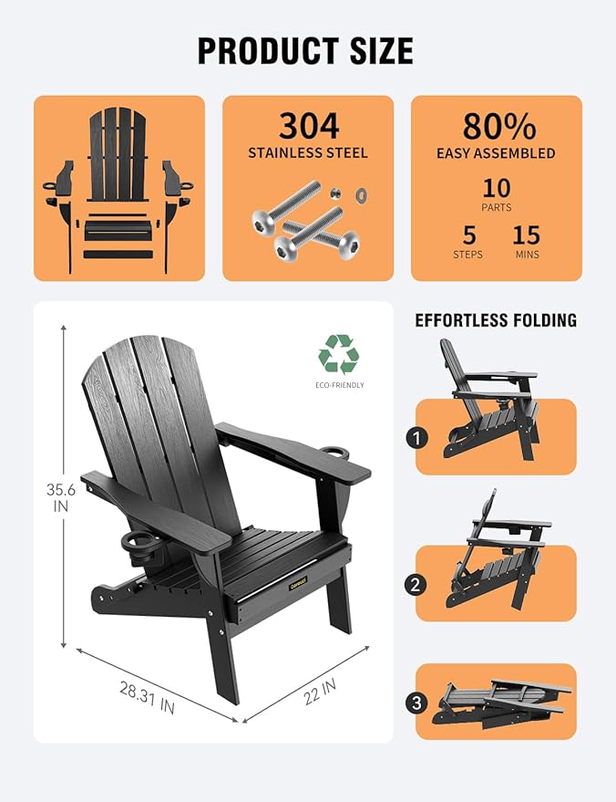 Folding Adirondack Chair Set of 2, Wooden Textured Plastic Adirondack Chairs with 2 Cup Holder, Weather Resistant HDPE Fire Pit Chair, Outdoor Patio Chairs for Garden, Backyard, Lawn, Deck, Black