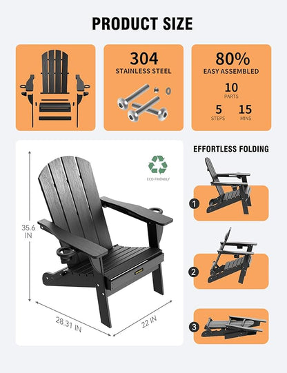 Folding Adirondack Chair, Wooden Textured Plastic Adirondack Chairs with 2 Cup Holder, Weather Resistant HDPE Fire Pit Chair, Outdoor Patio Chairs for Garden, Backyard, Lawn, Deck, 380LBS, Black