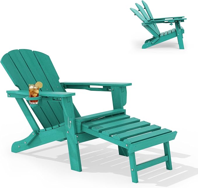 LOUNZY Folding Adjustable Adirondack Chair with Retractable Ottoman, HDPE Recliner Adirondack Chair with Cup Holder for Deck Lawn Fire Pit, Aruba