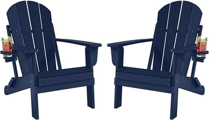 Folding Adirondack Chairs Set of 2, All-Weather Resistant HDPE Patio Firepit Chairs, Sturdy Outside Chairs with Cup Holder, Lawn Chairs, 80% Pre-Installed Load Capacity 385lb, Navy Blue
