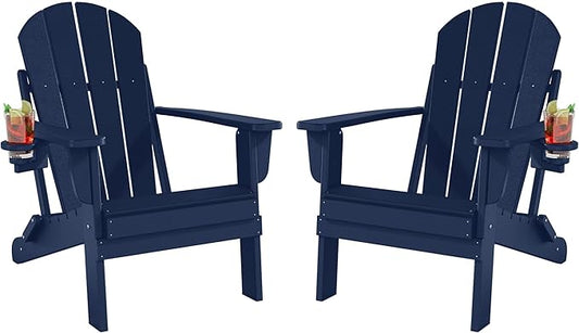 Folding Adirondack Chairs Set of 2, All-Weather Resistant HDPE Patio Firepit Chairs, Sturdy Outside Chairs with Cup Holder, Lawn Chairs, 80% Pre-Installed Load Capacity 385lb, Navy Blue