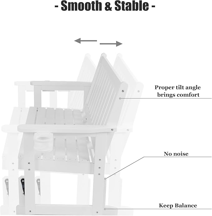 Poly Lumber Patio Glider, HIPS Material Weather-Resistant Swing Bench for Outdoor Porch Garden, White - Photo 8