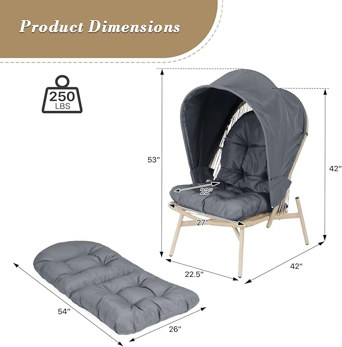 Athena Collection Patio Wicker Egg Chair with Folding Canopy, All-Weather Rattan Patio Lounge Chair with Sun Shade, Balcony Furniture Outside Seating for Front Porch, Garden, Poolside, Outdoor, Grey
