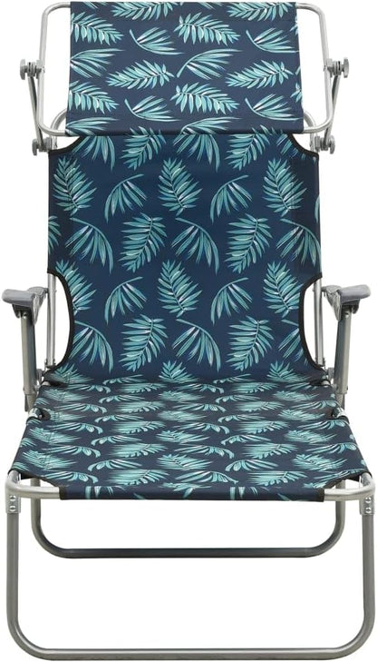 Folding Leaf Print Sun Lounger w/Adjustable Canopy, 74"x28" Steel Frame Outdoor Chaise for Garden, Pool, Beach, Balcony