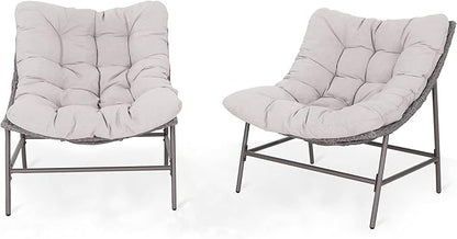 PHI VILLA Outdoor Papasan Chairs Set of 2, Oversized Scoop Wicker Chairs with Cushions & Steel Frame, Double Comfy Conversation Reading Furniture for Apartment Patio, Porch, Deck, Balcony