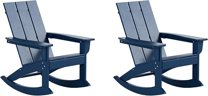 WestinTrends Ashore Patio Rocking Chairs Set of 2, All Weather Poly Lumber Plank Adirondack Rocker Chair, Modern Farmhouse Outdoor Rocking Chairs for Porch Garden Backyard and Indoor, Navy Blue