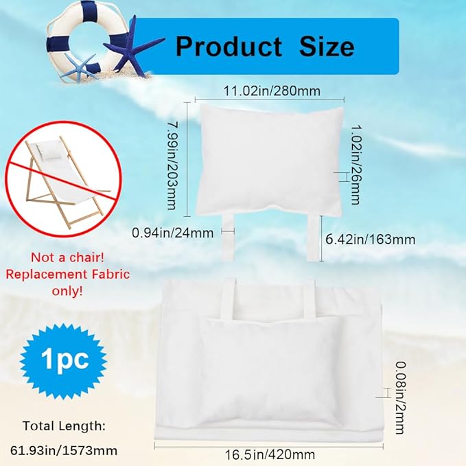 GORGECRAFT 44x16 Beach Sling Chair Canvas Cloth with Pillow 1.5mm Thick White Casual Lounge Chair Replacement Canvas Outdoor Folding Chair Fabric for Patio Beach Sunbathing Garden Courtyard