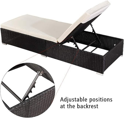 VINGLI Adjustable Wicker Patio Chaise Lounge Outdoor, Rattan Outdoor Lounge Chair, All Weather Patio Chaise Lounge with Adjustable Backrest and Soft Cushions Wicker Daybed (Black)