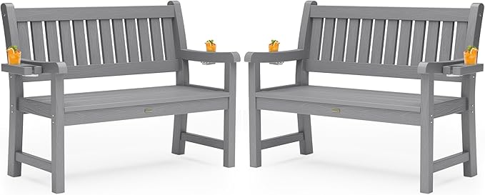 YEFU Outdoor Bench for Patio Waterproof: Heavy Duty 2-Person Garden Bench Set of 2 with 2 Cup Holders & Oversized Seating - HIPS Weatherproof Patio Benches for Front Porch Backyard Park, Grey