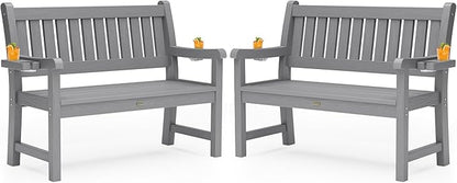 YEFU Outdoor Bench for Patio Waterproof: Heavy Duty 2-Person Garden Bench Set of 2 with 2 Cup Holders & Oversized Seating - HIPS Weatherproof Patio Benches for Front Porch Backyard Park, Grey