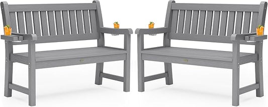YEFU Outdoor Bench for Patio Waterproof: Heavy Duty 2-Person Garden Bench Set of 2 with 2 Cup Holders & Oversized Seating - HIPS Weatherproof Patio Benches for Front Porch Backyard Park, Grey