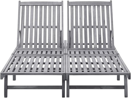 Outdoor Sun Lounger for Two, Solid Acacia Wood Patio Furniture with Adjustable Backrest and Wheels, Grey Weathered Finish Poolside Garden Balcony Chaise Lounge