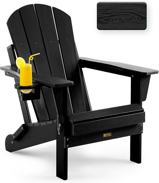 Folding Adirondack Chair Wood Texture, Patio Chairs Weather Resistant, Outdoor Chair, Lawn Chair with Cup Holder, Fire Pit Chair for Deck, Outdoor, Porch, Backyard (Black)