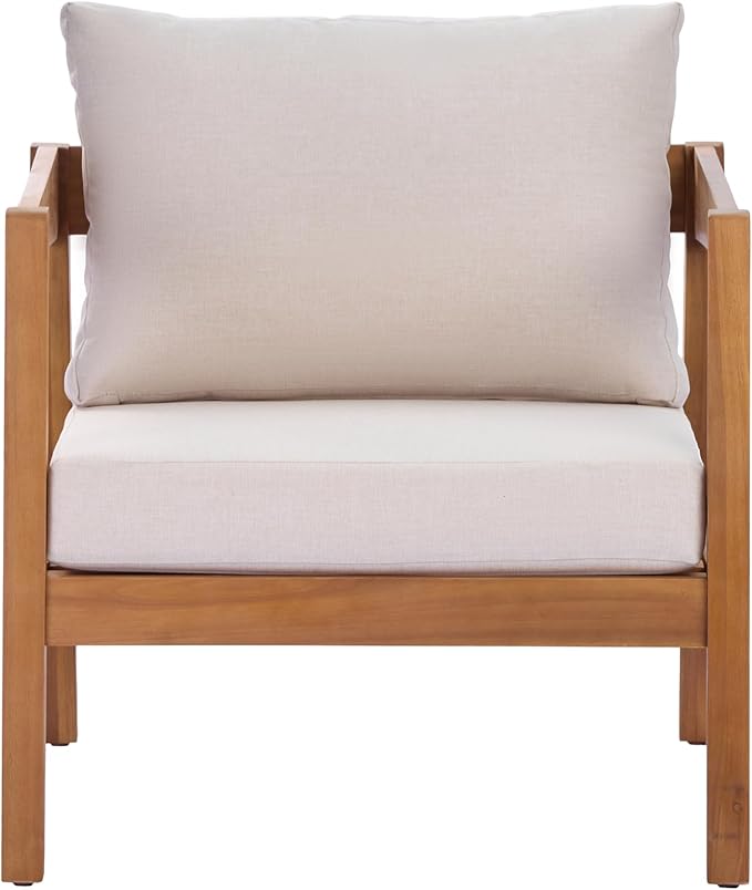 Christopher Knight Home Grice Acacia Wood Lounge Chair Outdoor with Removable Cushion, Wooden Patio Accent Chair with Open Frame Design, Outdoor Armchair for Patio Furniture Set, Beige + Teak
