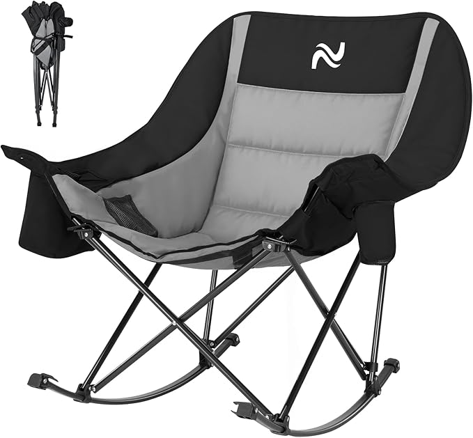 ABORON Oversized Rocking Camping Chair for Adults, Fully Padded Folding Outdoor Lawn Chair with Cooler Bag & Side Pocket, Portable Recliner Chair for Camp, Patio, Backyard, Supports 400 lbs