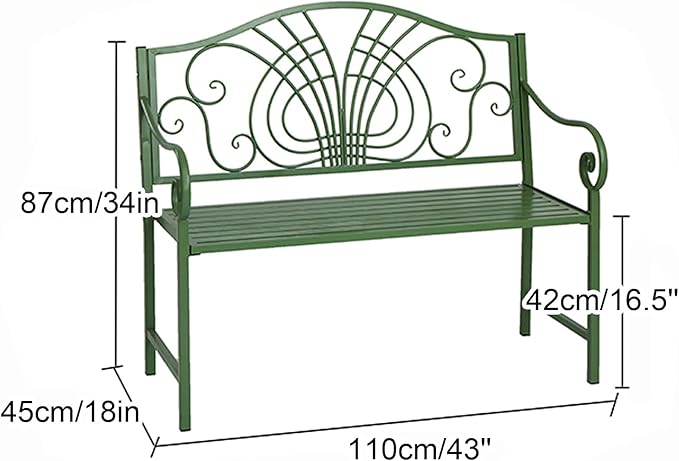 Green Metal Garden Bench, Outdoor Patio Bench with Elegant Backrest Design, Weather Resistant, 2-Person Seating, for Lawn, Park, Patio, Max Load 660 LBS