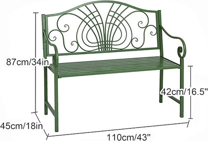 Green Metal Garden Bench, Outdoor Patio Bench with Elegant Backrest Design, Weather Resistant, 2-Person Seating, for Lawn, Park, Patio, Max Load 660 LBS