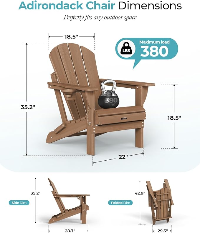 Ciokea Folding Adirondack Chair 4 Pack, Patio Adirondack Chair Weather Resistant, Plastic Fire Pit Chair with Cup Holder - Photo 2