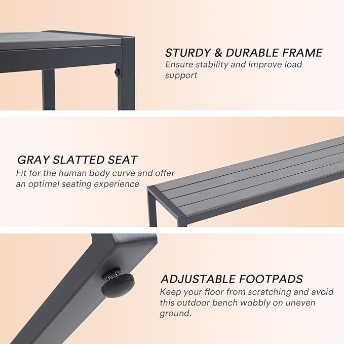 VICLLAX Garden Bench, 2 Pieces Outdoor Patio Wooden Bench with Weather-Resistant Steel Metal Frame, Patio Seating for Front Porch Backyard Park Outside, Dark Grey