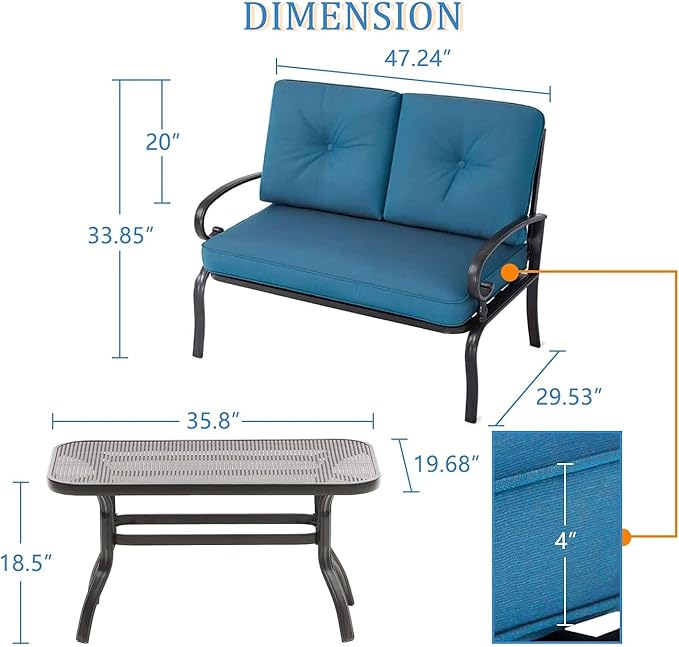 Outdoor 2 Pcs Patio Loveseat Bench Set with Bistro Coffee Table and Patio Steel Frame Sofa with Cushion - Photo 6