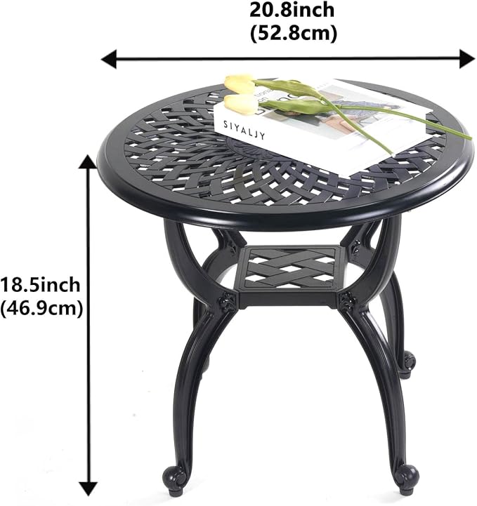 Mandolin Outdoor Patio,Rust -Resistant Cast Aluminum Side Table,Weather Resistant End Table，Coffee Table， Perfect for Patio, Backyard Or Garden.W 20.8" X H18.5(Aluminum Round, Black)