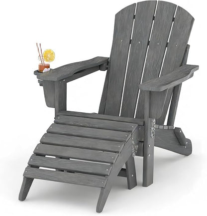 Garvee Folding Adirondack Chair with Ottoman, HDPE Outdoor Patio Chair with Cup Holder, All Weather Resistent Wooden Textured for patios, Decks, Gardens, fire Pit, Grey
