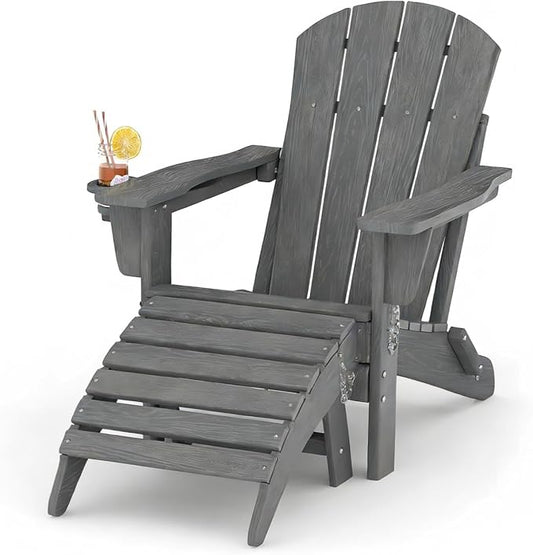 Garvee Folding Adirondack Chair with Ottoman, HDPE Outdoor Patio Chair with Cup Holder, All Weather Resistent Wooden Textured for patios, Decks, Gardens, fire Pit, Grey