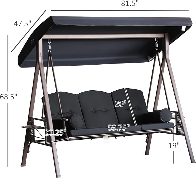 Outsunny 3-Seat Patio Swing Chair, Outdoor Porch Swing Glider with Adjustable Canopy, Removable Cushion - Photo 7