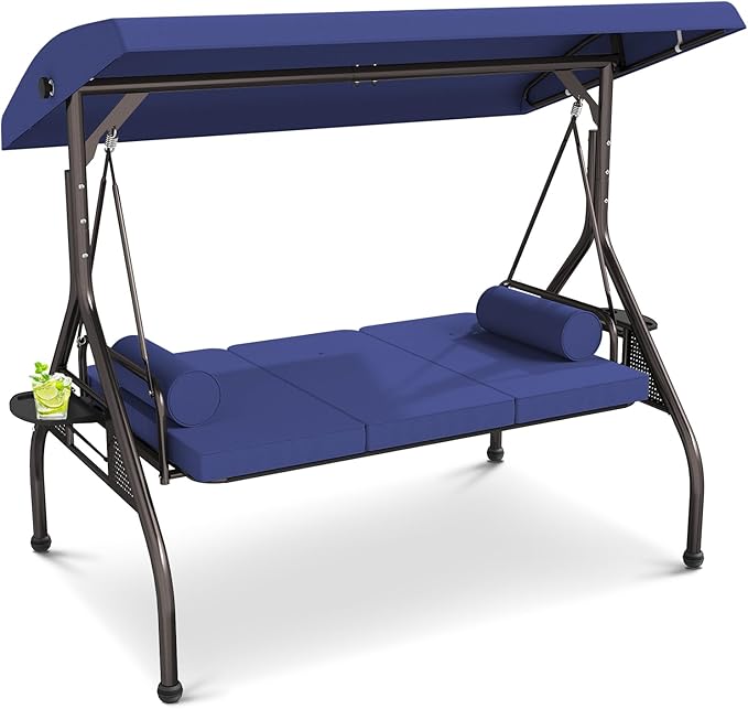 3 Seat Outdoor Porch Swing Bench, Adjustable Canopy Swing Chair - Photo 2