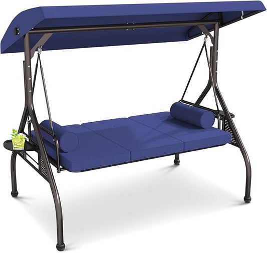 3 Seat Outdoor Porch Swing Bench, Adjustable Canopy Swing Chair, Convertible Backrest Swing Bed with Pillow & Cup Hold and Thicken Cushions, Dark Blue