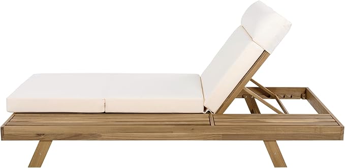 Christopher Knight Home Dami Chaise Lounge Chair Outdoor with 4'' Foldable Cushion, Acacia Wood Poolside Sun Lounger, Space Available On One Side, Adjustable Backrest Pool Lounger, Light Brown+Cream