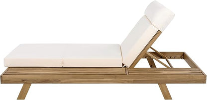 Christopher Knight Home Dami Chaise Lounge Chair Outdoor with 4'' Foldable Cushion, Acacia Wood Poolside Sun Lounger, Space Available On One Side, Adjustable Backrest Pool Lounger, Light Brown+Cream