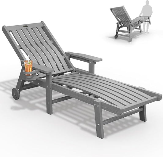 THOEOE Patio Chaise Lounge Chair, Oversized Lounge Chair Outdoor with 5 Positions, HDPE, Patio Lounge Chair with Wheels & Cup Holder for Pool, Deck, Poolside,Grey