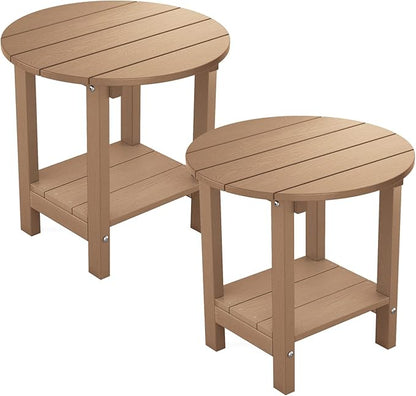 MXIMU Round Outdoor Side Table Adirondack Tables 18 Inch Chairside End Tables with Storage Shelf, 2-Tier Plastic Patio Side Table, Weather Resistant for Balcony Backyard Lawn (Teak, 2 Pack)