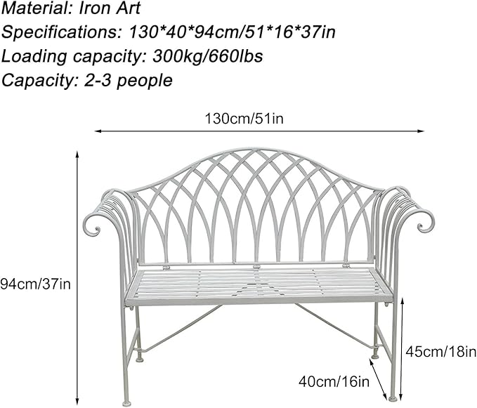 51" Outdoor Patio Bench, Metal Garden Bench with Backrest & Armrests, Iron Art Park Seating for Garden & Patio, Stylish White Bench for Outdoors