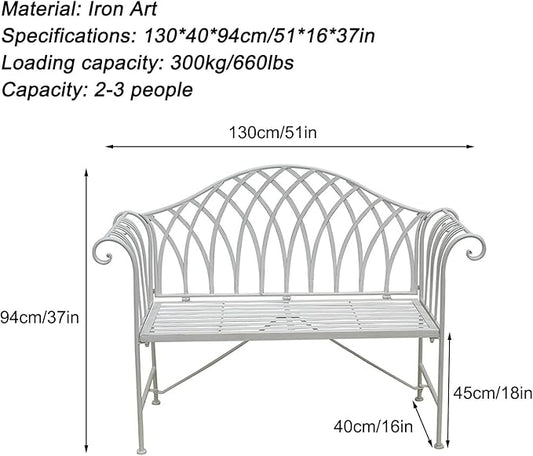 51" Outdoor Patio Bench, Garden Metal Bench with Backrest & Armrests, Durable Iron Art Park Seating for Garden, Yard & Balcony (Green)