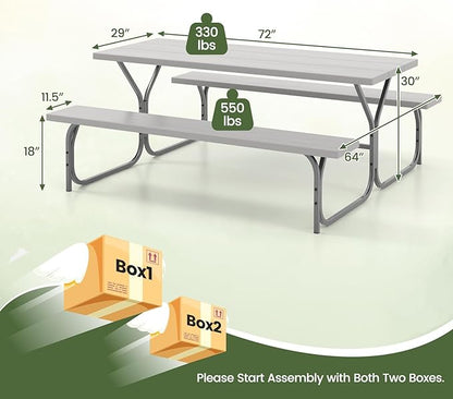 Giantex 6FT Picnic Table Bench Set Outdoor Camping All Weather Metal Base Wood-Like Texture Backyard Poolside Dining Party Garden Patio Lawn Deck Furniture Large Camping Picnic Tables for Adult, Grey