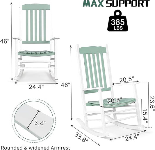 Outvita Outdoor Rocking Chair, Solid Wood High Back Rocker, All Weather Lounge Chair for Porch Patio Fire Pit Garden Backyard Deck Indoor, Wave Shape, White & Green