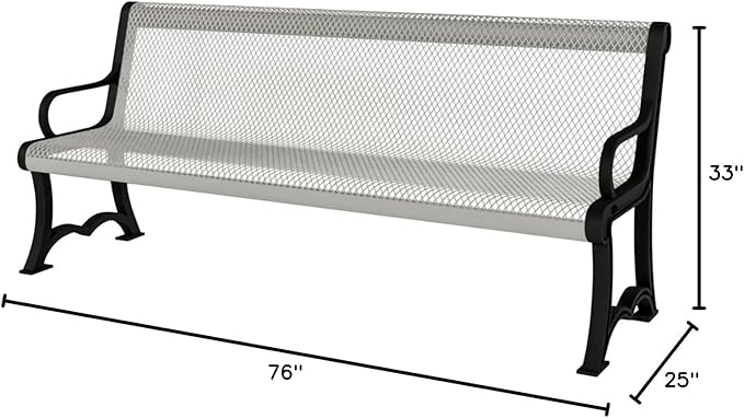 COATEDOUTDOORFURNITURE Heavy-Duty Outdoor Bench Thermoplastic Coated, Expanded Metal, Commercial-Grade Garden Bench, Made in America (Portable with Back, 4 Ft, Textured Grey)
