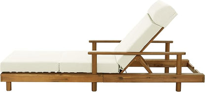 Christopher Knight Home Tuki Acacia Wood Chaise Lounge Chair Outdoor, Poolside Sun Lounger Recliner, Outdoor Chaise Lounge with 4-Fold Cushions, Adjustable Backrest Single Lounge Sofa, Beige+Teak