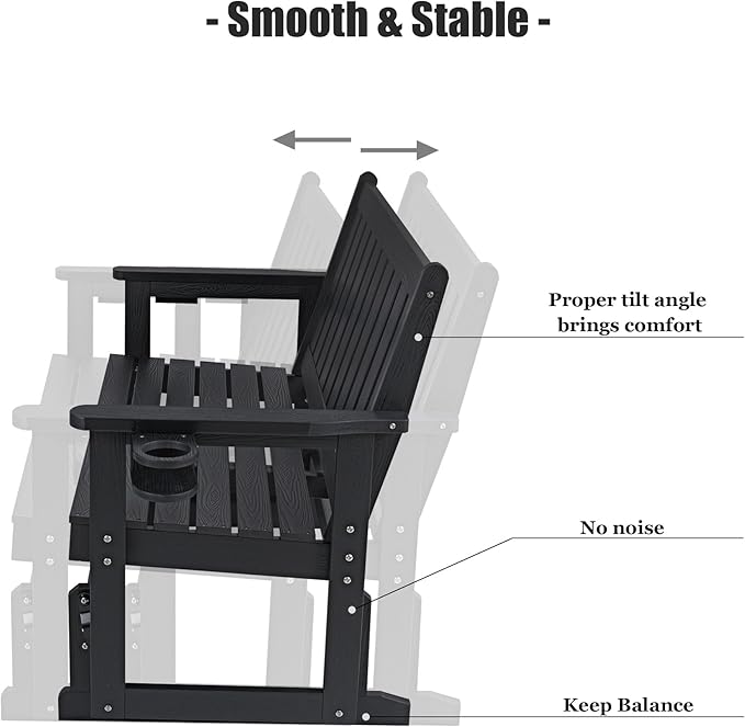 Poly Lumber Patio Glider, Durable HIPS Material, Weather-Resistant Swing Bench for Outdoor Porch Garden (Black - Photo 7