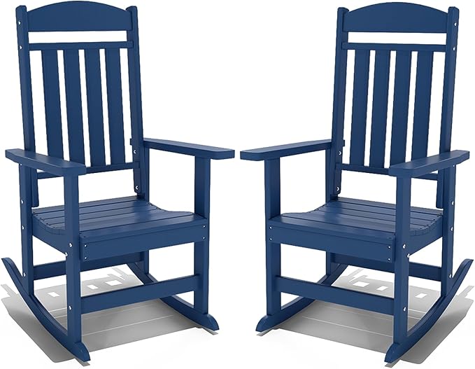 Outdoor Rocking Chairs Set of 2, Oversized High Back Patio Rocking Chairs, All Weather Porch Rocking Chairs for Outside. Navy Blue