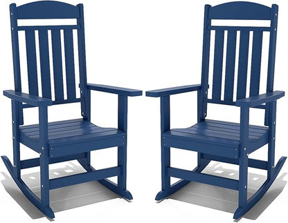 Outdoor Rocking Chairs Set of 2, Oversized High Back Patio Rocking Chairs, All Weather Porch Rocking Chairs for Outside. Navy Blue