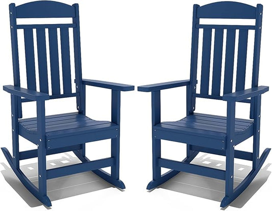 Outdoor Rocking Chairs Set of 2, Oversized High Back Patio Rocking Chairs, All Weather Porch Rocking Chairs for Outside. Navy Blue